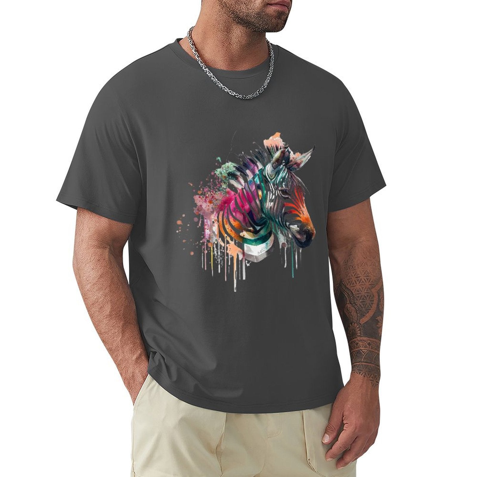 Men's dark grey cotton crew neck t-shirt featuring a colorful watercolor zebra head design, from MyArtsyGift.