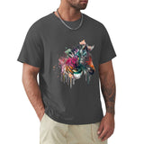 Men's dark grey cotton crew neck t-shirt featuring a colorful watercolor zebra head design, from MyArtsyGift.