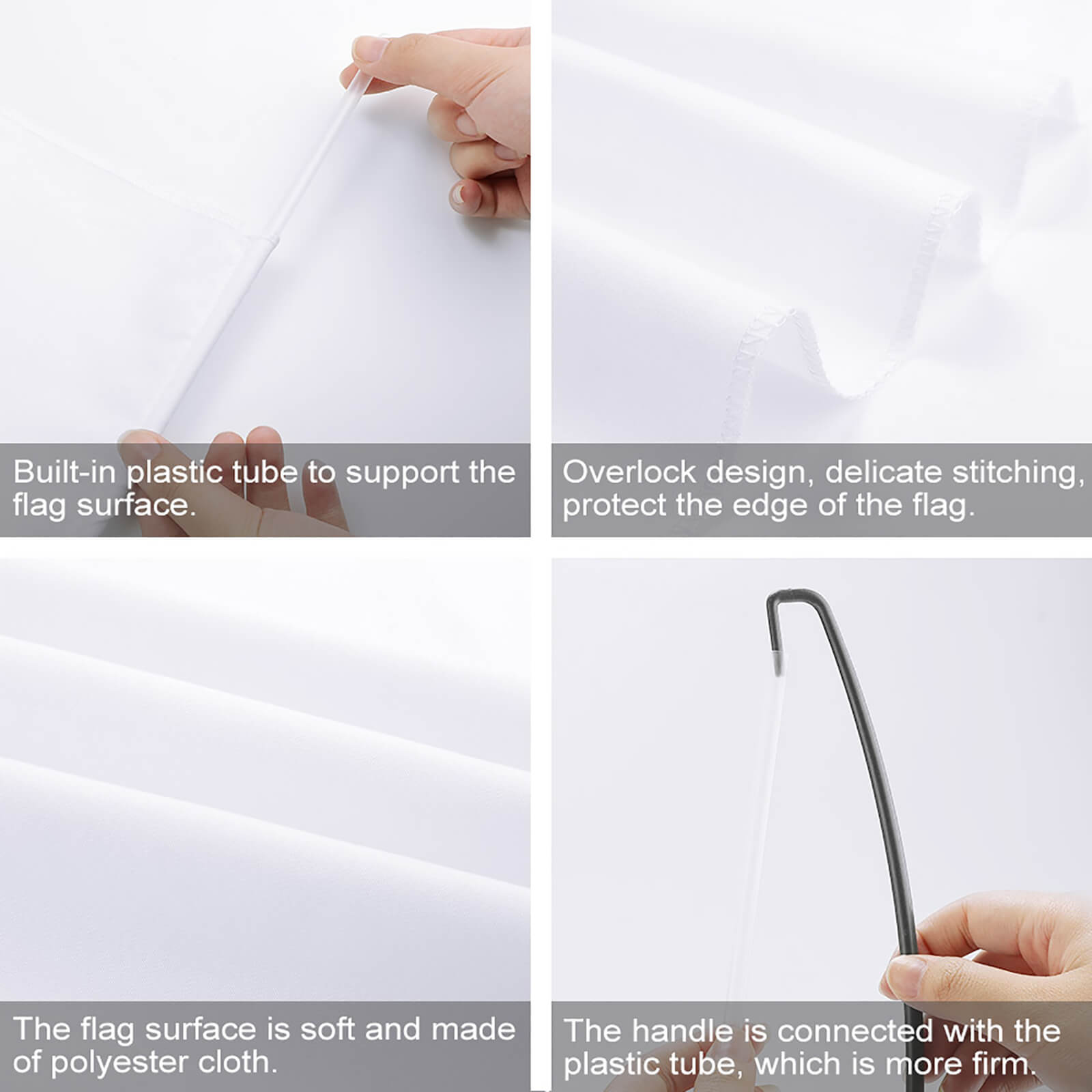 Custom hand waving flag features: polyester flag material, overlock stitching, and plastic handle for team support.