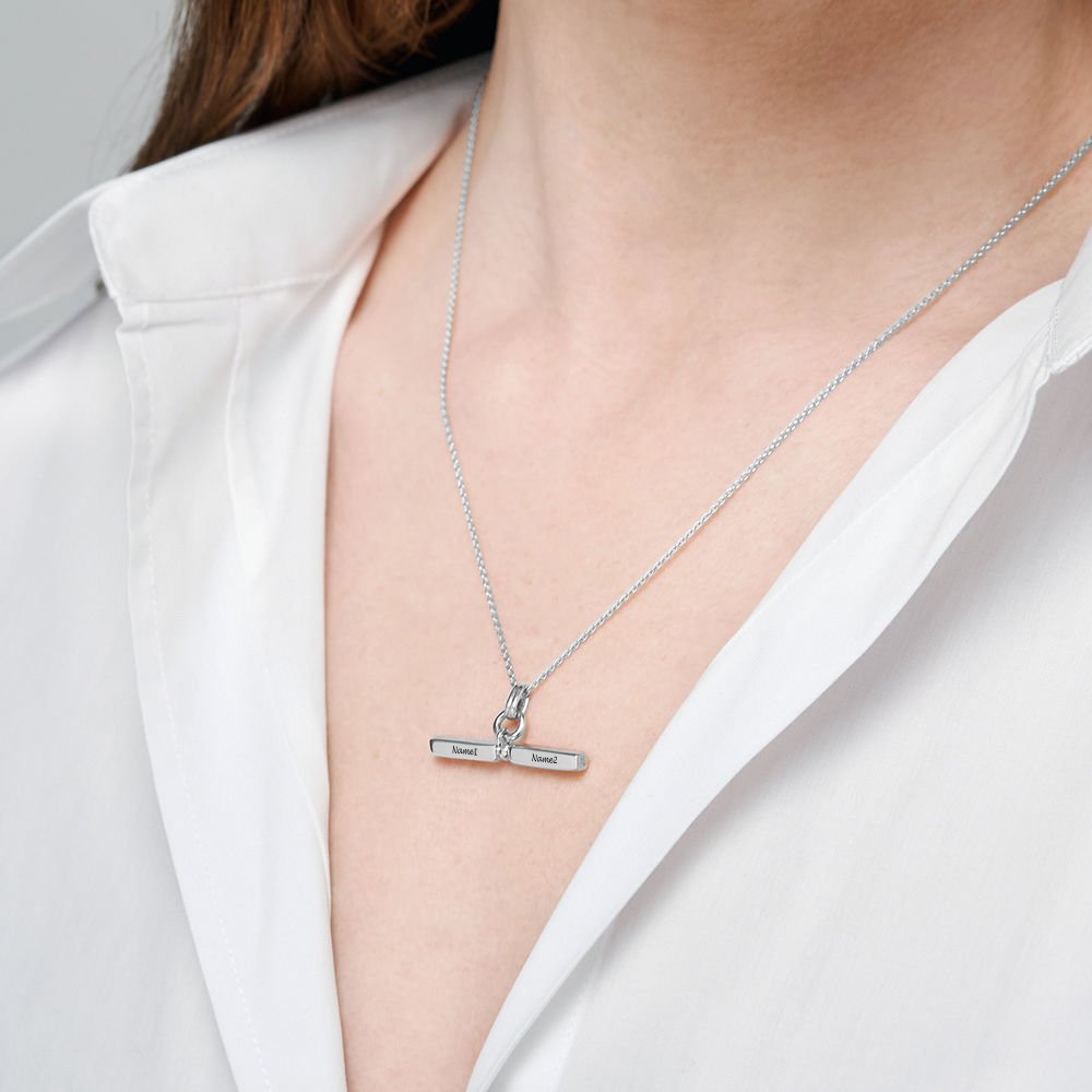 Custom silver bar necklace with engraved names, personalized gift for women and men. Featuring Name1 and Name2.