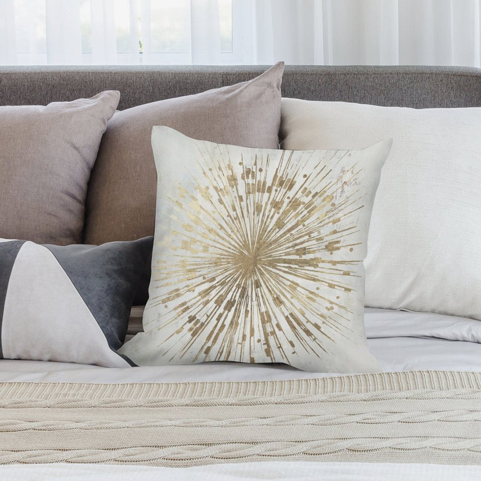 Luxury gold burst throw pillow cover, soft plush fabric for sofa and couch decor, MyArtsyGift.