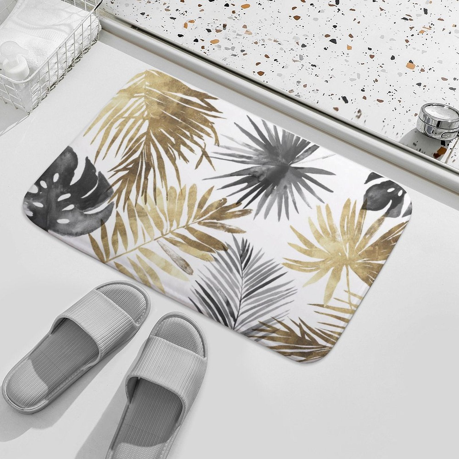 Coral velvet bath rug with tropical leaf design in bathroom, non-slip and absorbent