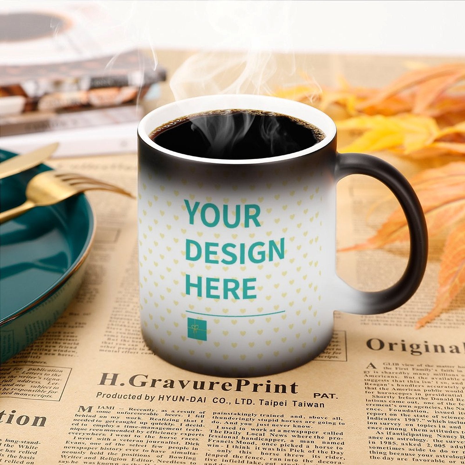 Customizable color changing mug with 'YOUR DESIGN HERE', a perfect personalized gift for any occasion
