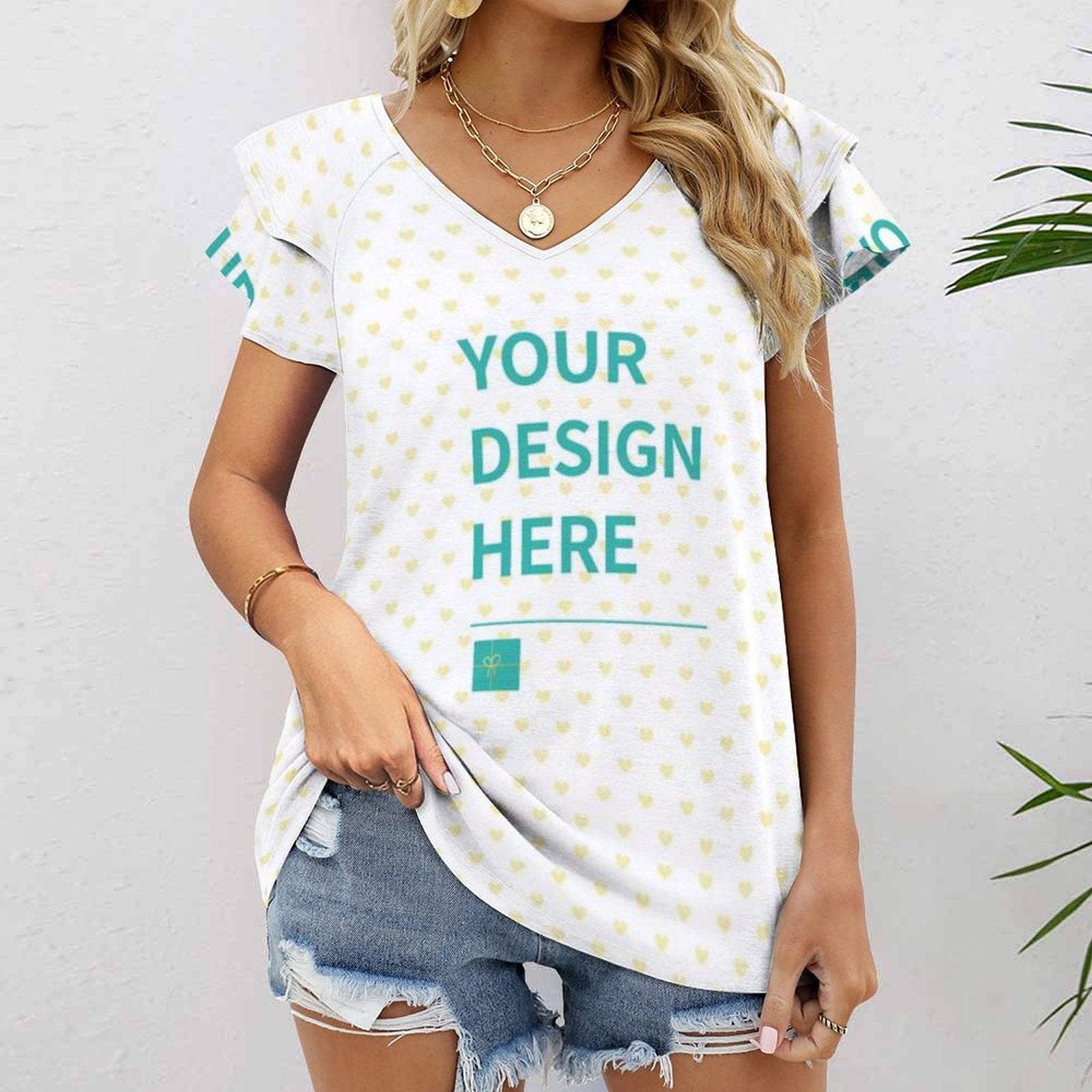 Customizable V-neck summer t-shirt with ruffle sleeves and 'Your Design Here' text, perfect for personalized art gifts.