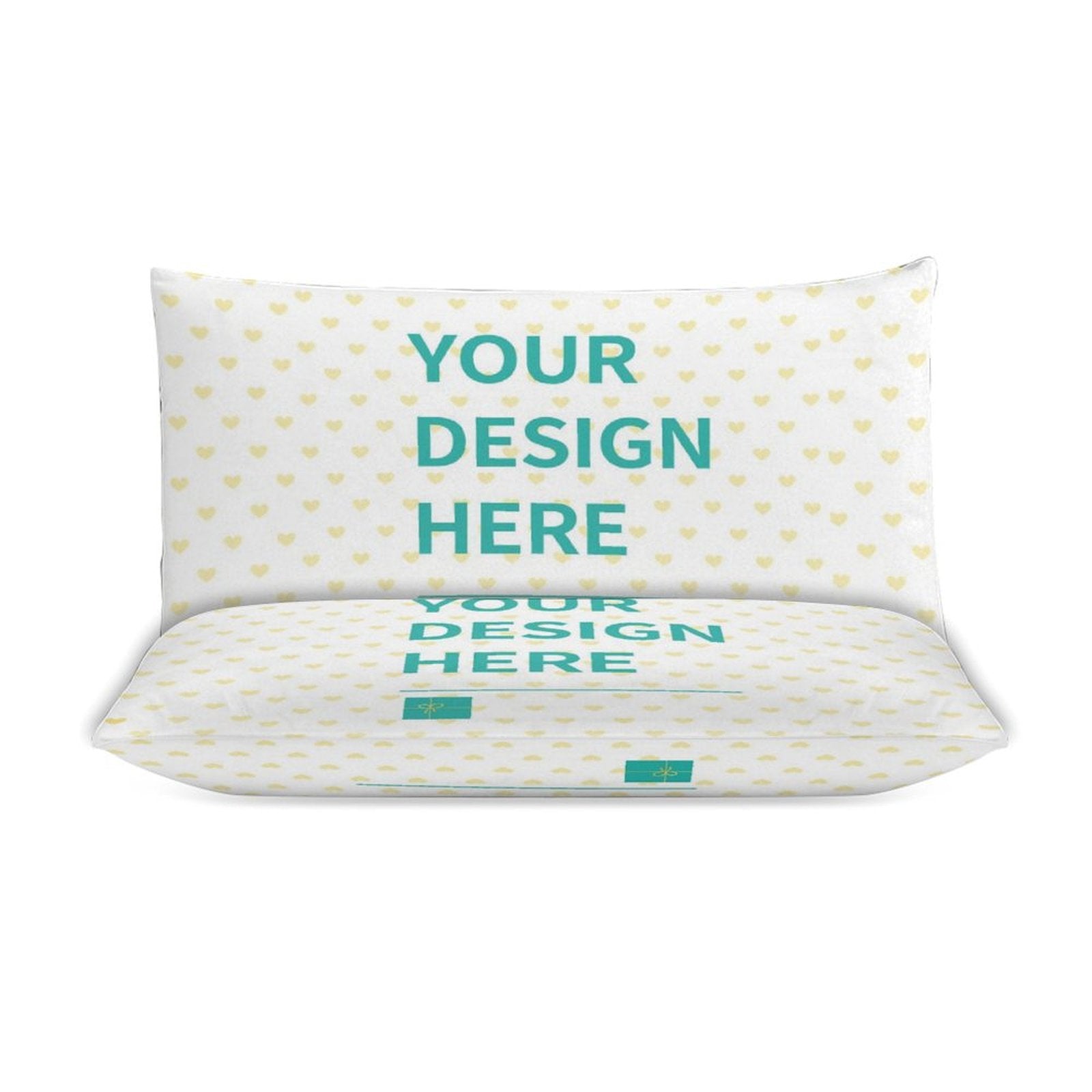 Customizable bedding set pillowcases with 'YOUR DESIGN HERE' text, heart pattern on soft fabric.