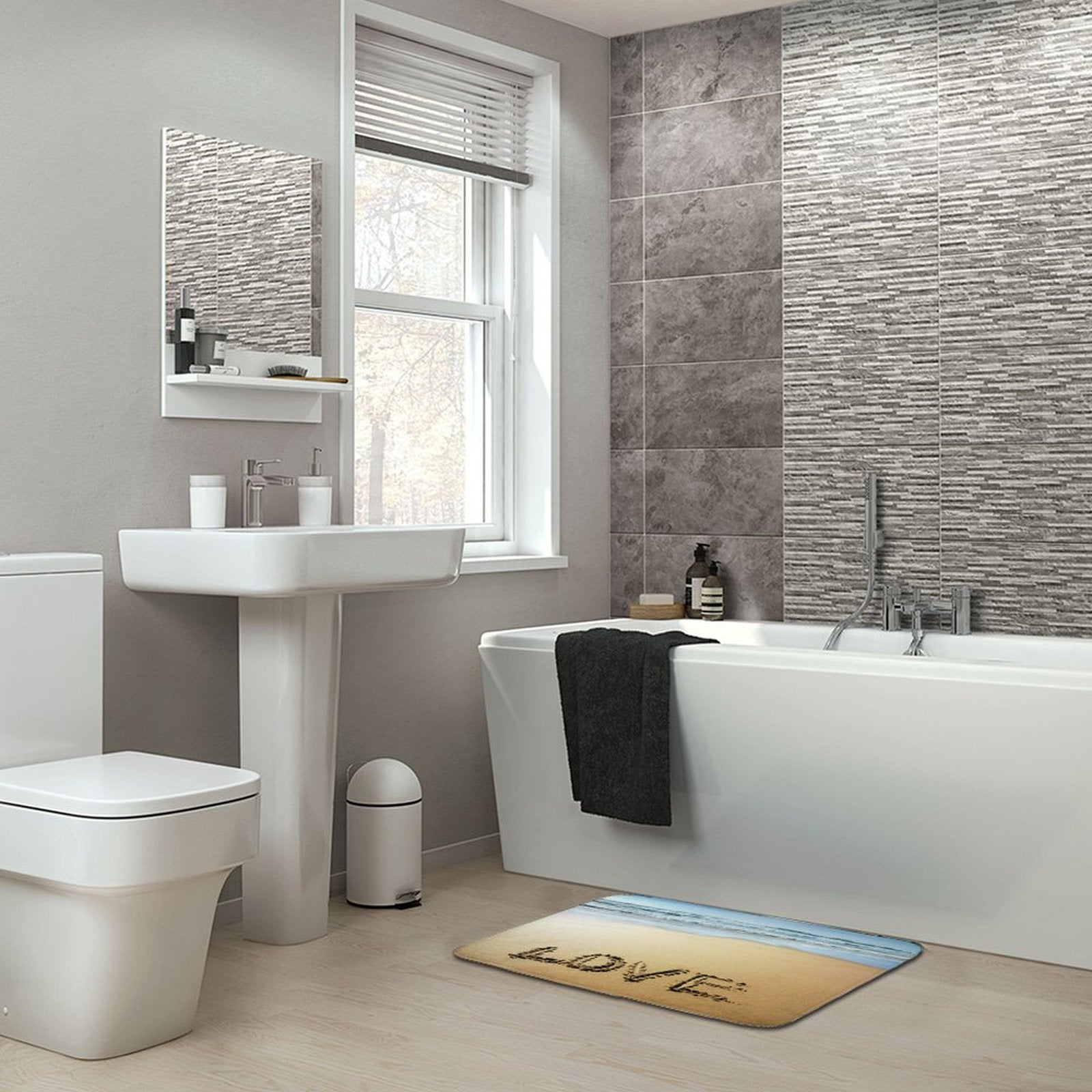 Coral velvet bath rug with beach and LOVE text in bathroom, non-slip bathroom floor carpet from MyArtsyGift