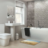 Coral velvet bath rug with beach and LOVE text in bathroom, non-slip bathroom floor carpet from MyArtsyGift