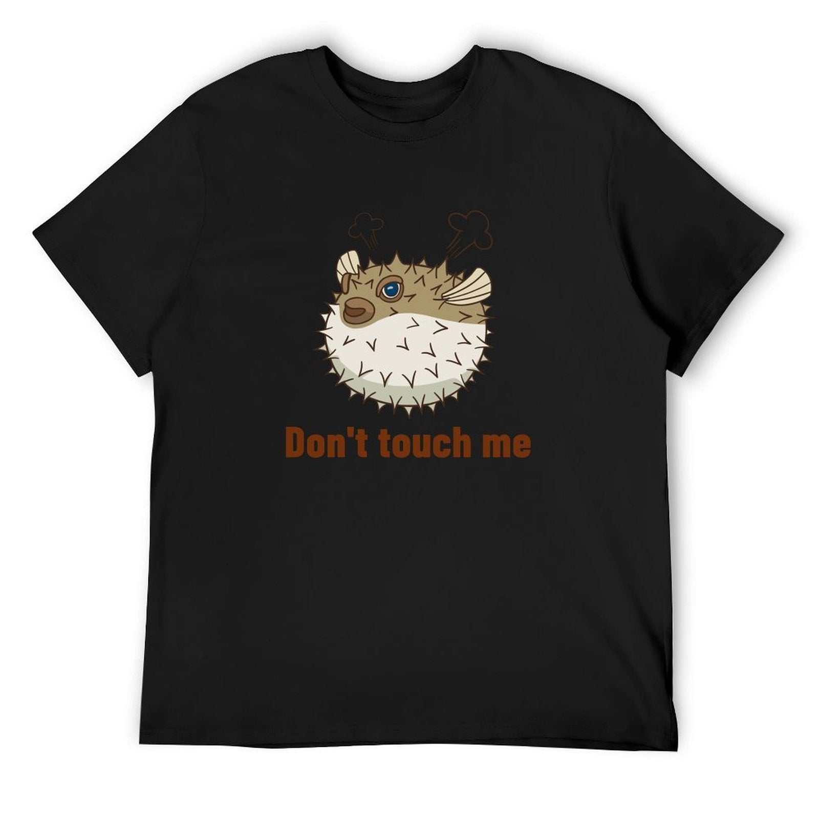 Men's black short sleeve t-shirt with pufferfish design and "Don't touch me" text, crew neck tee