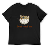 Men's black t-shirt with pufferfish graphic and "Don't touch me" text. Crew neck tee.
