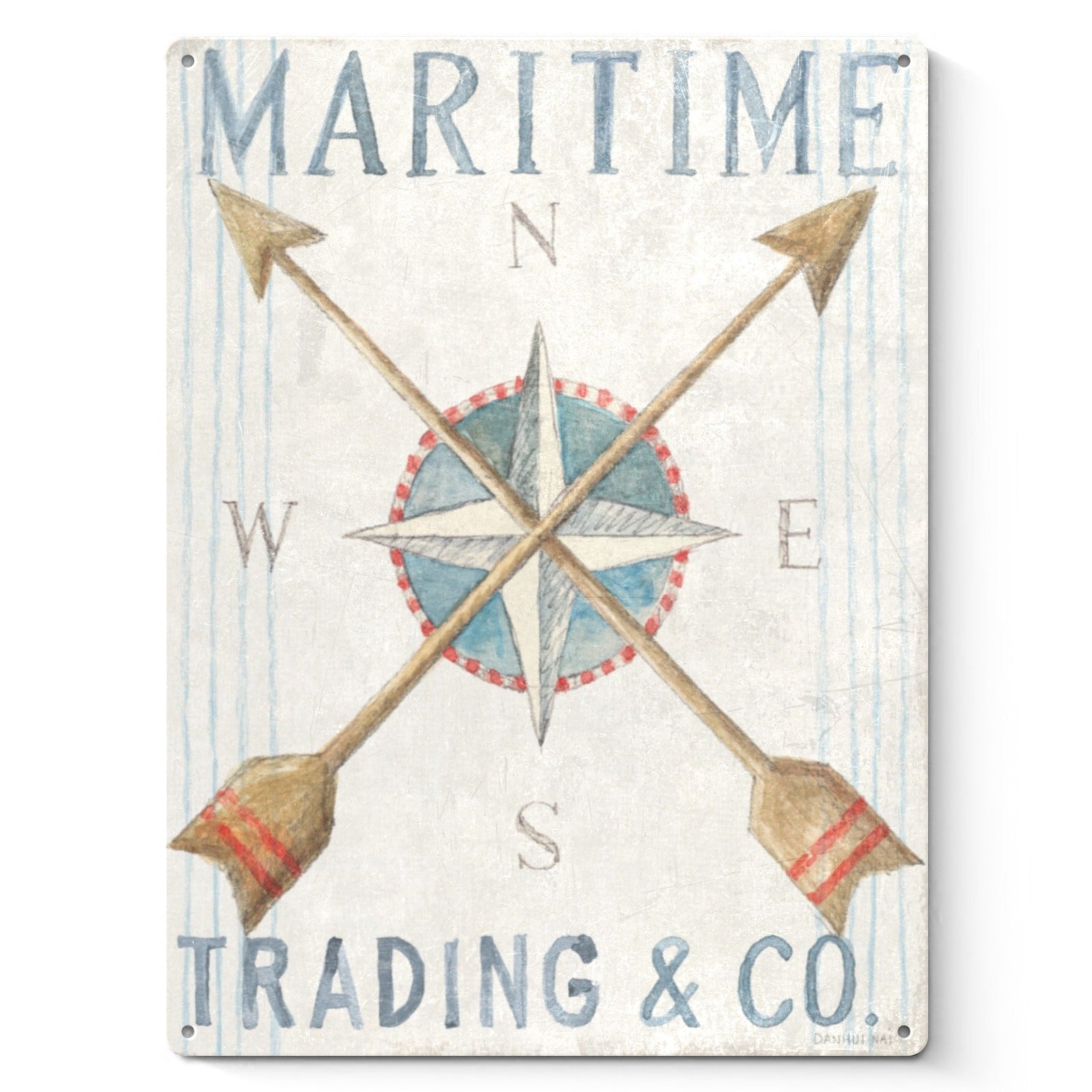 Retro beach metal sign with maritime compass design and trading company text