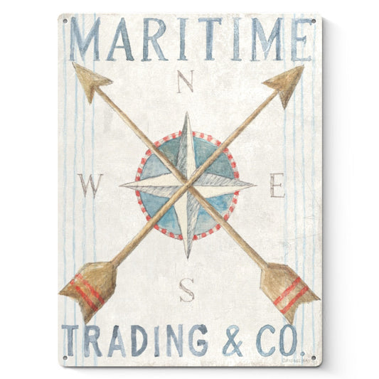 Retro beach metal sign with maritime compass design and trading company text
