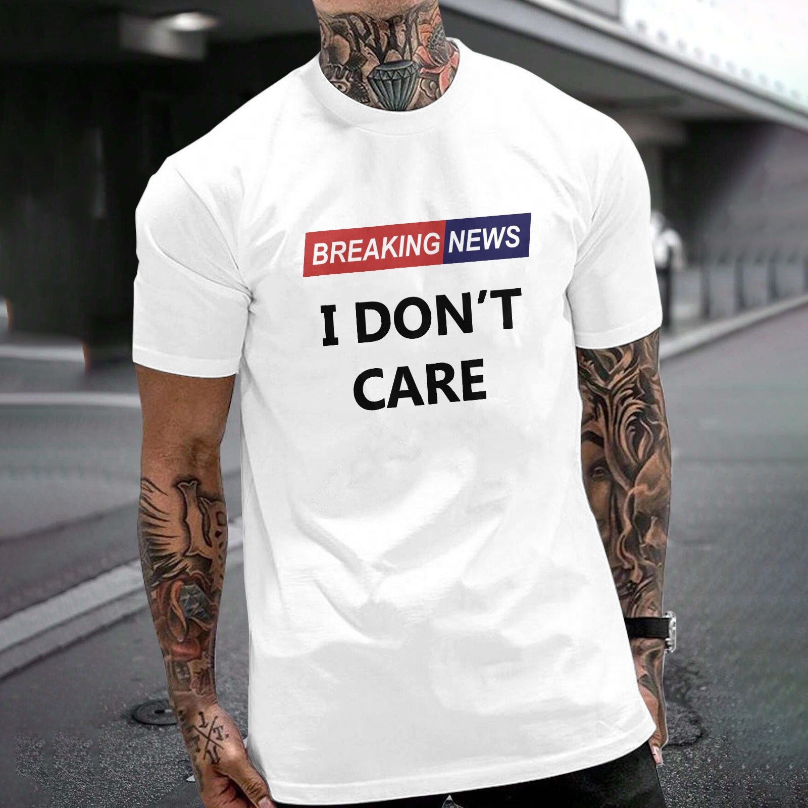 White Gildan Unisex T-shirt with "Breaking News I Don't Care" print - Comfortable cotton tee for everyday wear.