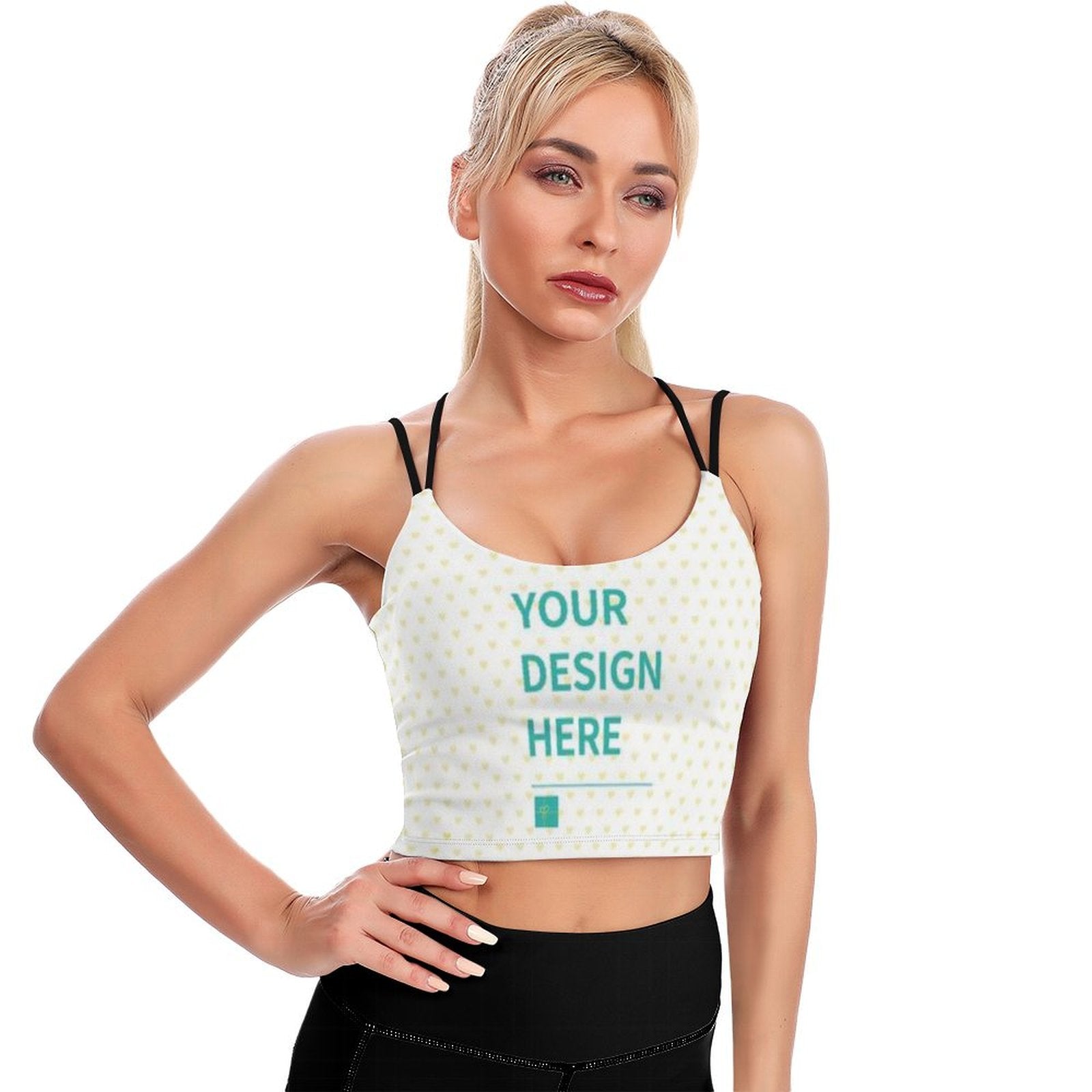 Custom yoga top for women with 'YOUR DESIGN HERE' design, sports bra, personalized workout tank top