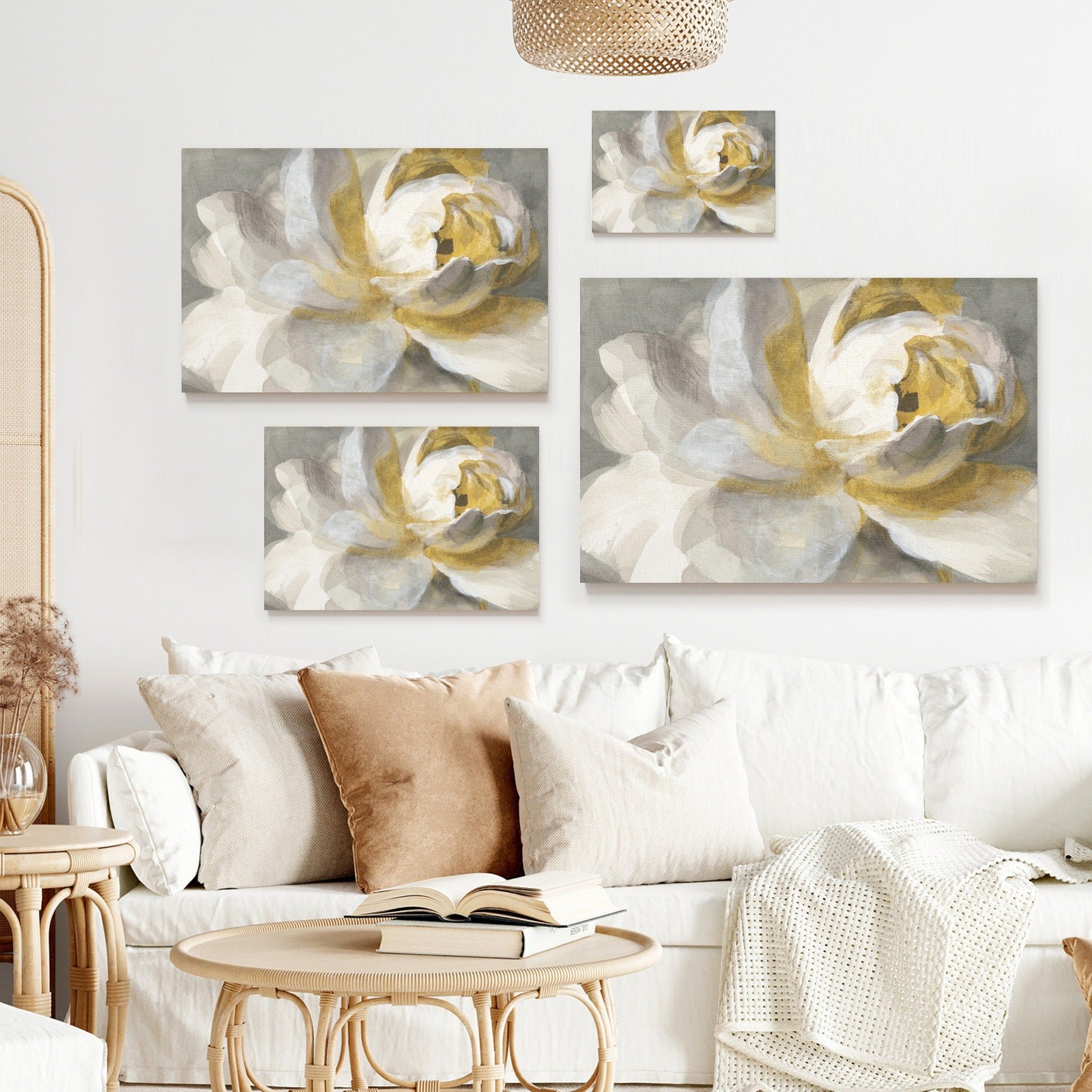 Abstract rose gold canvas print, white and gold flower wall decor, minimalist art for living room.