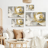Abstract rose gold canvas print, white and gold flower wall decor, minimalist art for living room.