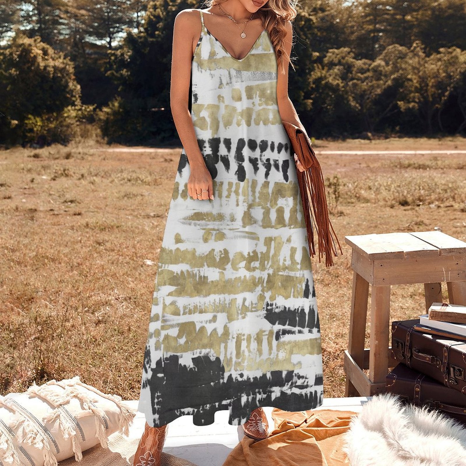 Women's long summer slip dress with tie-dye pattern, polyester, backless design. MyArtsyGift