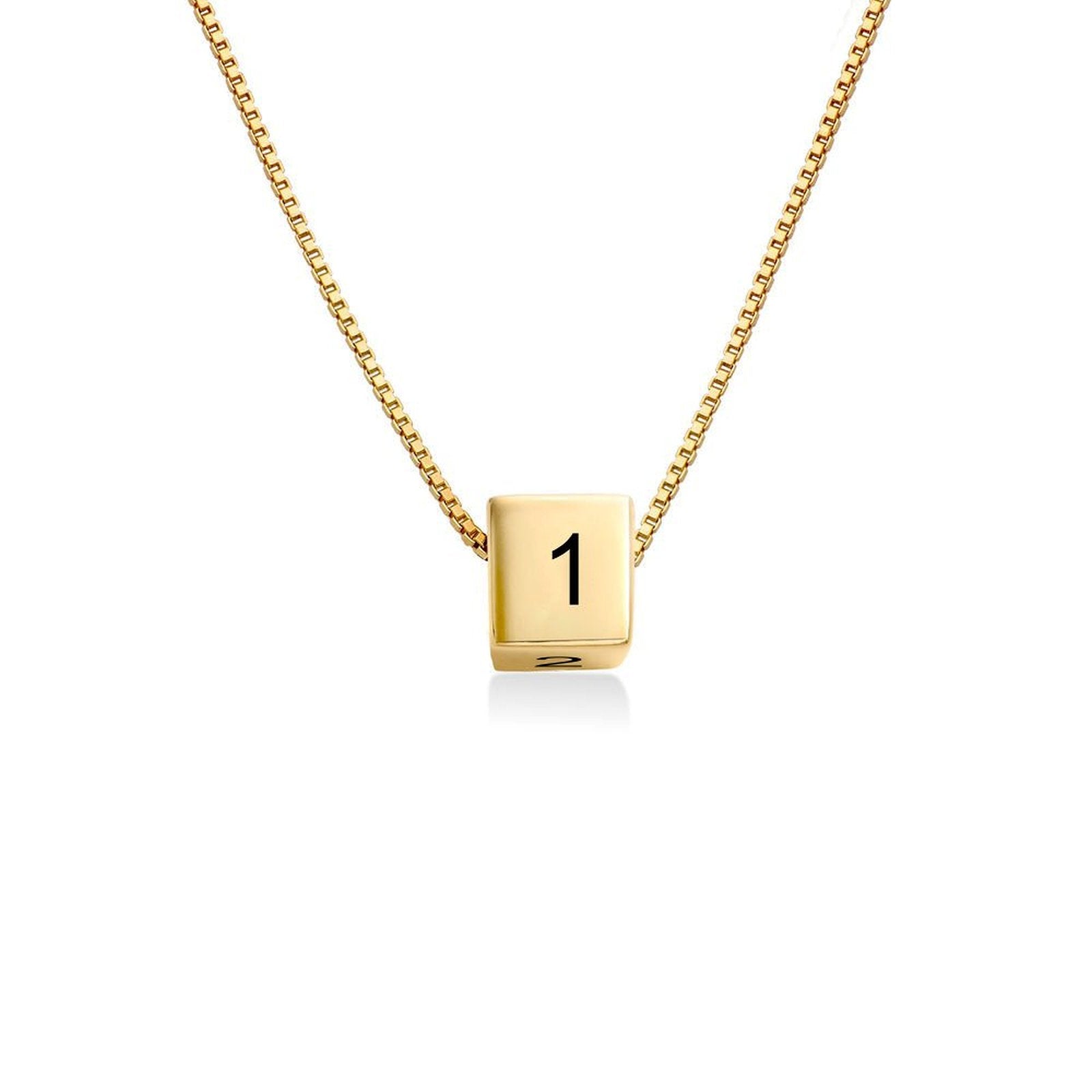 Gold cube pendant necklace with number 1. Personalized custom text chain jewelry for men and women.