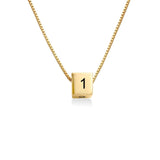 Gold cube pendant necklace with number 1. Personalized custom text chain jewelry for men and women.