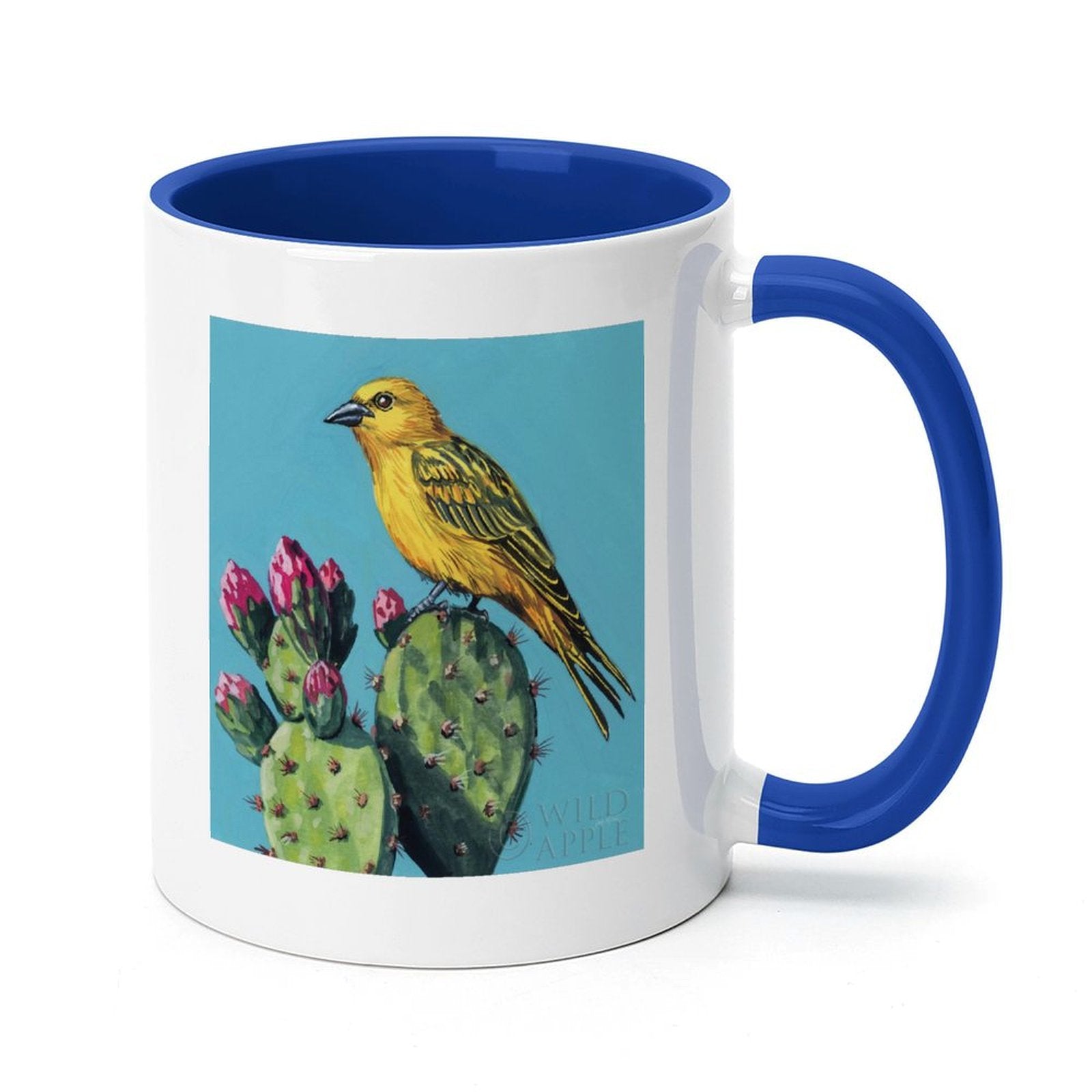 MyArtsyGift white ceramic mug, yellow bird and cacti bloom design, blue handle, WILD APPLE art