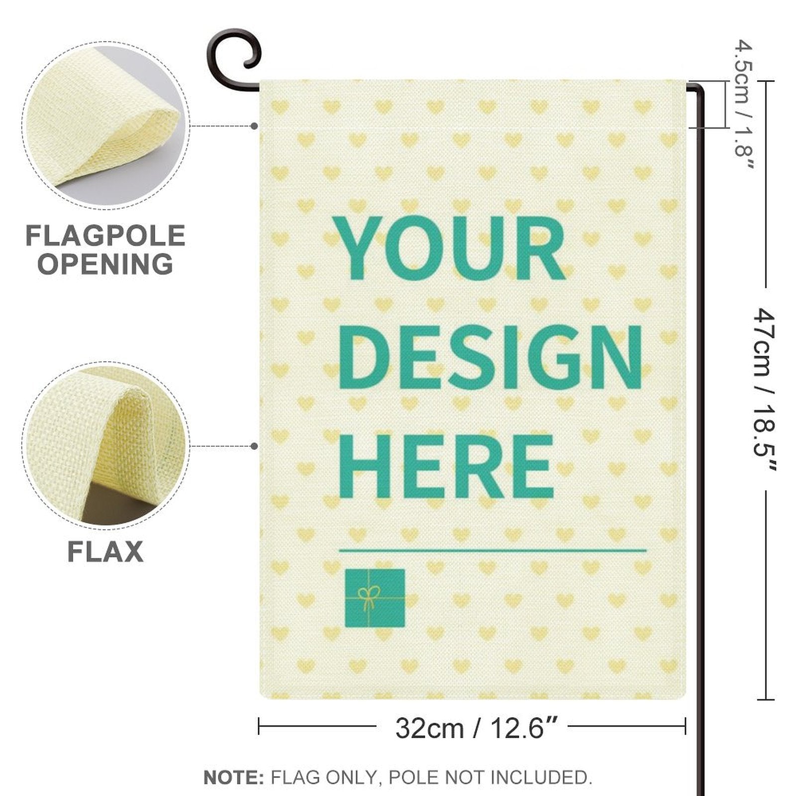 Customizable linen garden flag with 'YOUR DESIGN HERE' message, double-sided for patio decor