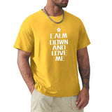 Yellow men's crew neck t-shirt with 'CALM DOWN AND LOVE ME' print. Cotton tee.