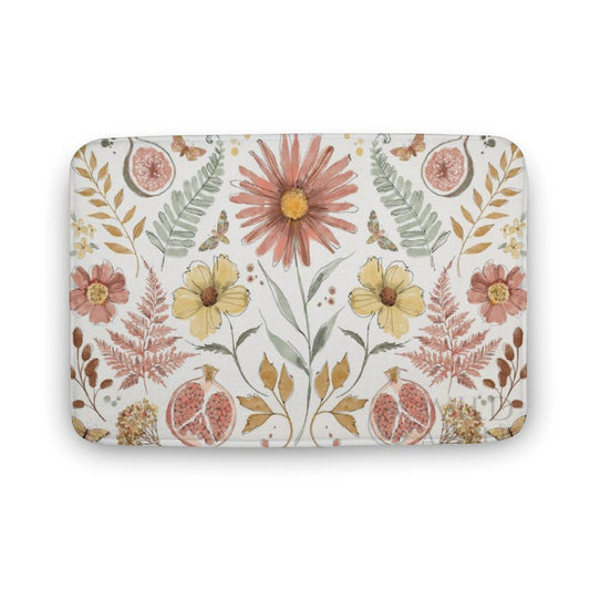 Coral velvet bath rug with floral design, non-slip bathroom or kitchen rug, floral decor