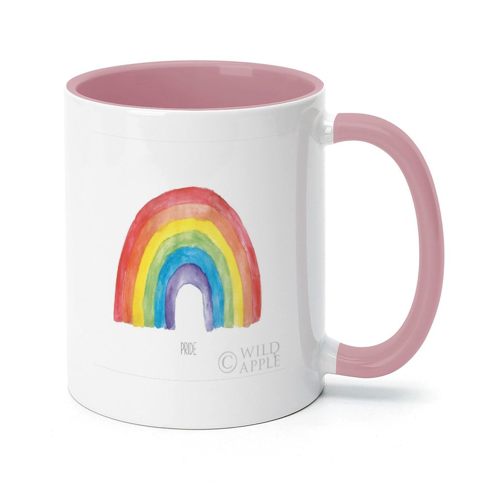 White ceramic Pride mug with rainbow design, pink handle and inner color, MyArtsyGift customizable gift.