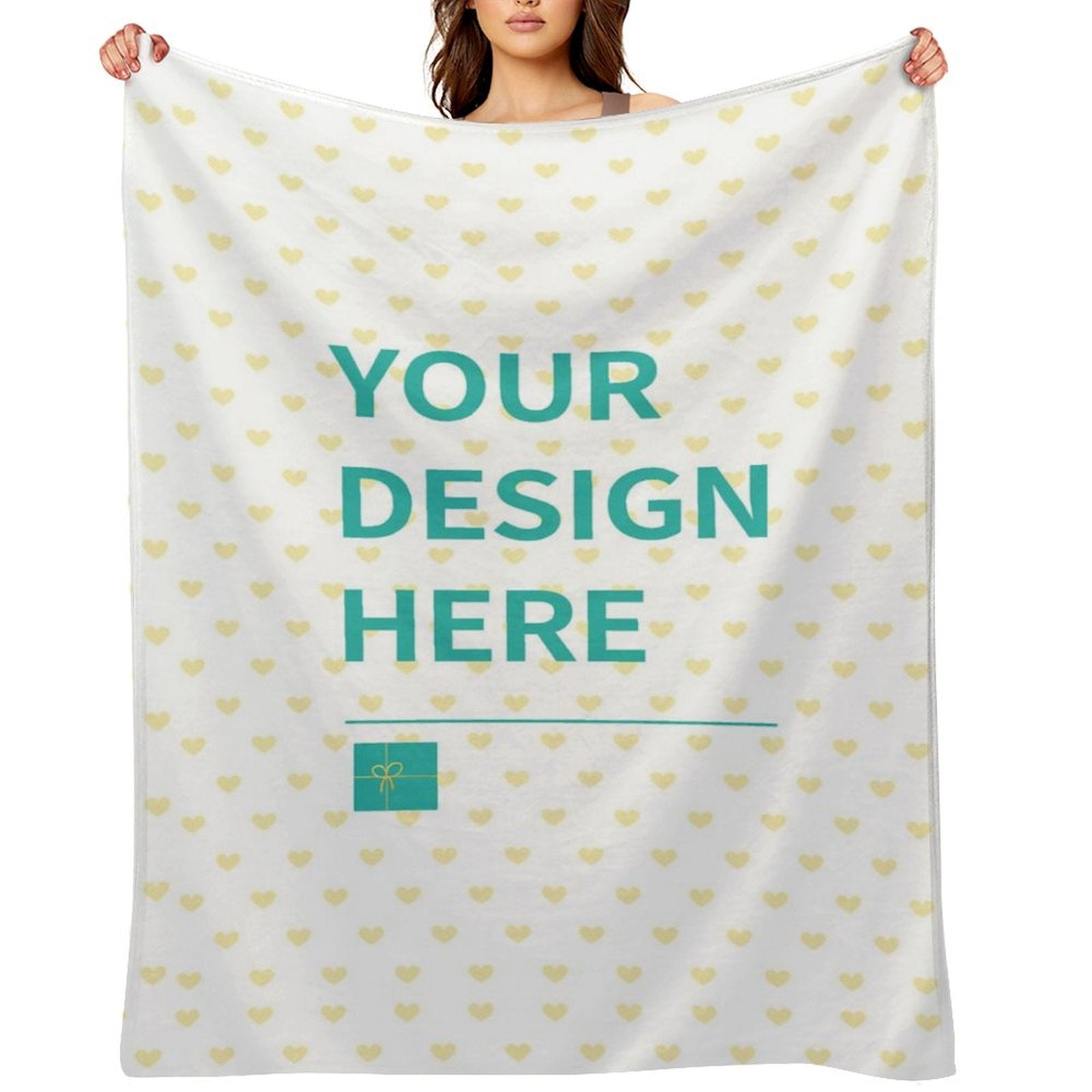 Custom fleece blanket with heart pattern and 'YOUR DESIGN HERE' text. Cozy, warm blanket for personalized gifts.