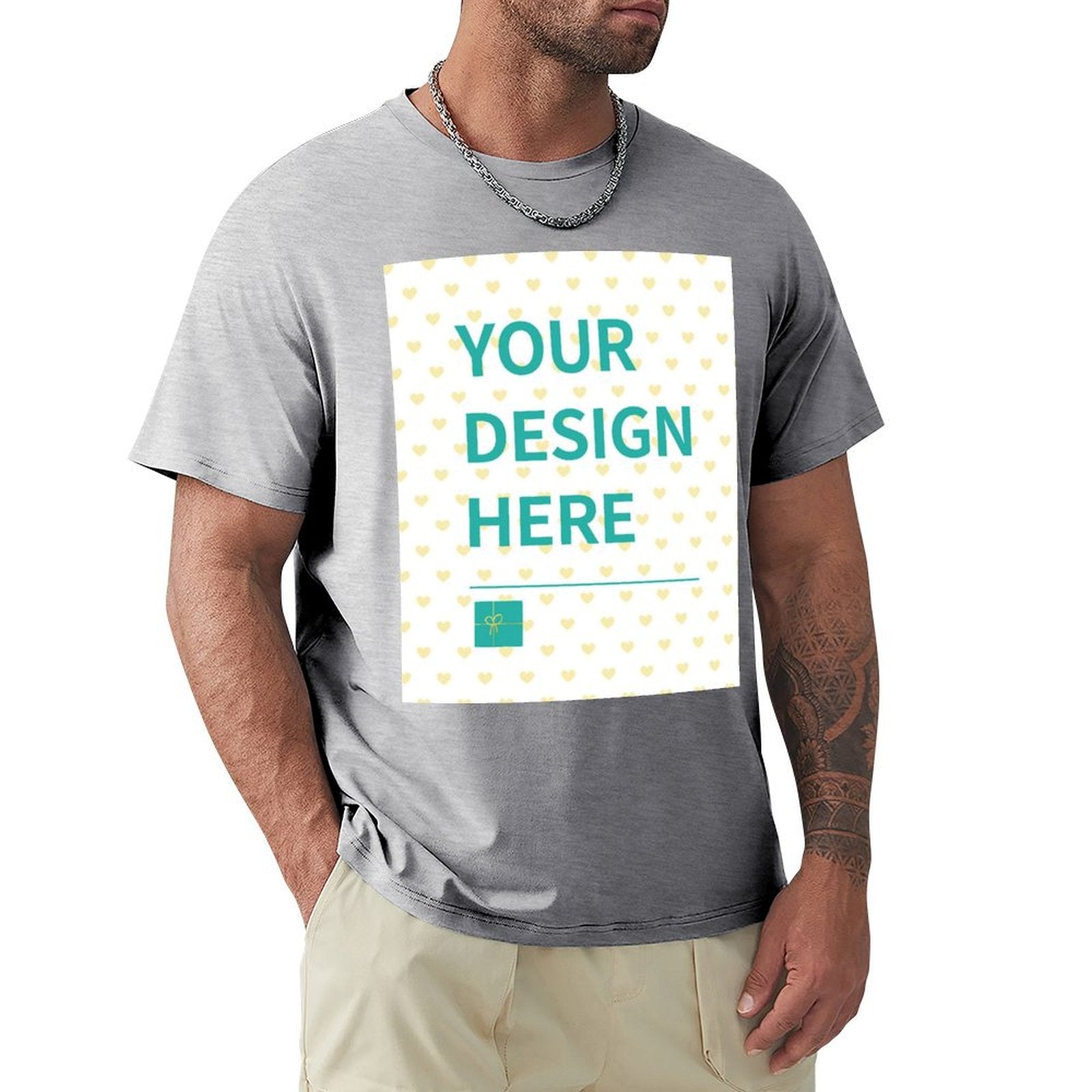 Customizable grey short sleeve t-shirt with 'YOUR DESIGN HERE' design, MyArtsyGift
