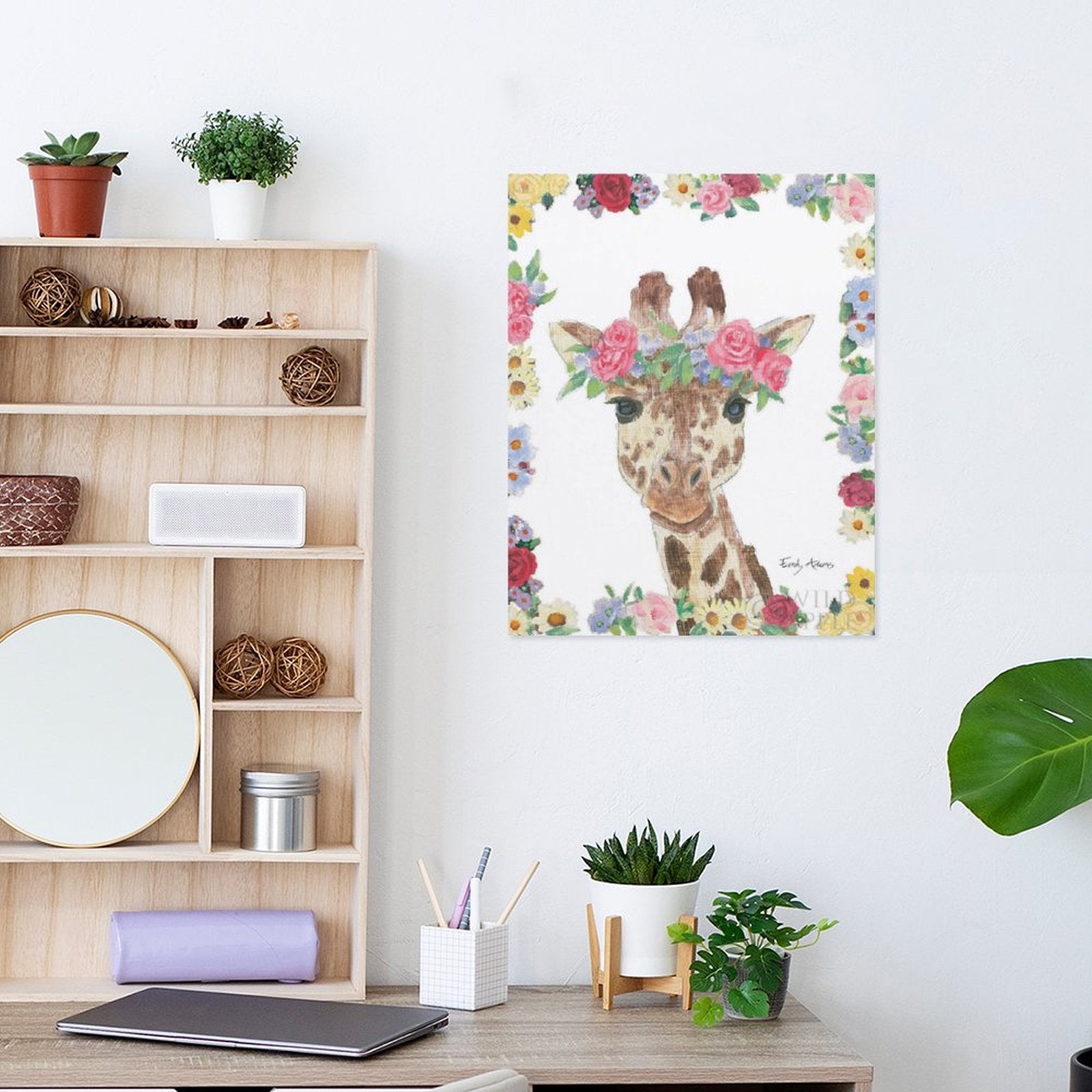 Giraffe canvas print with floral crown, perfect wall art for home decor, made in USA.