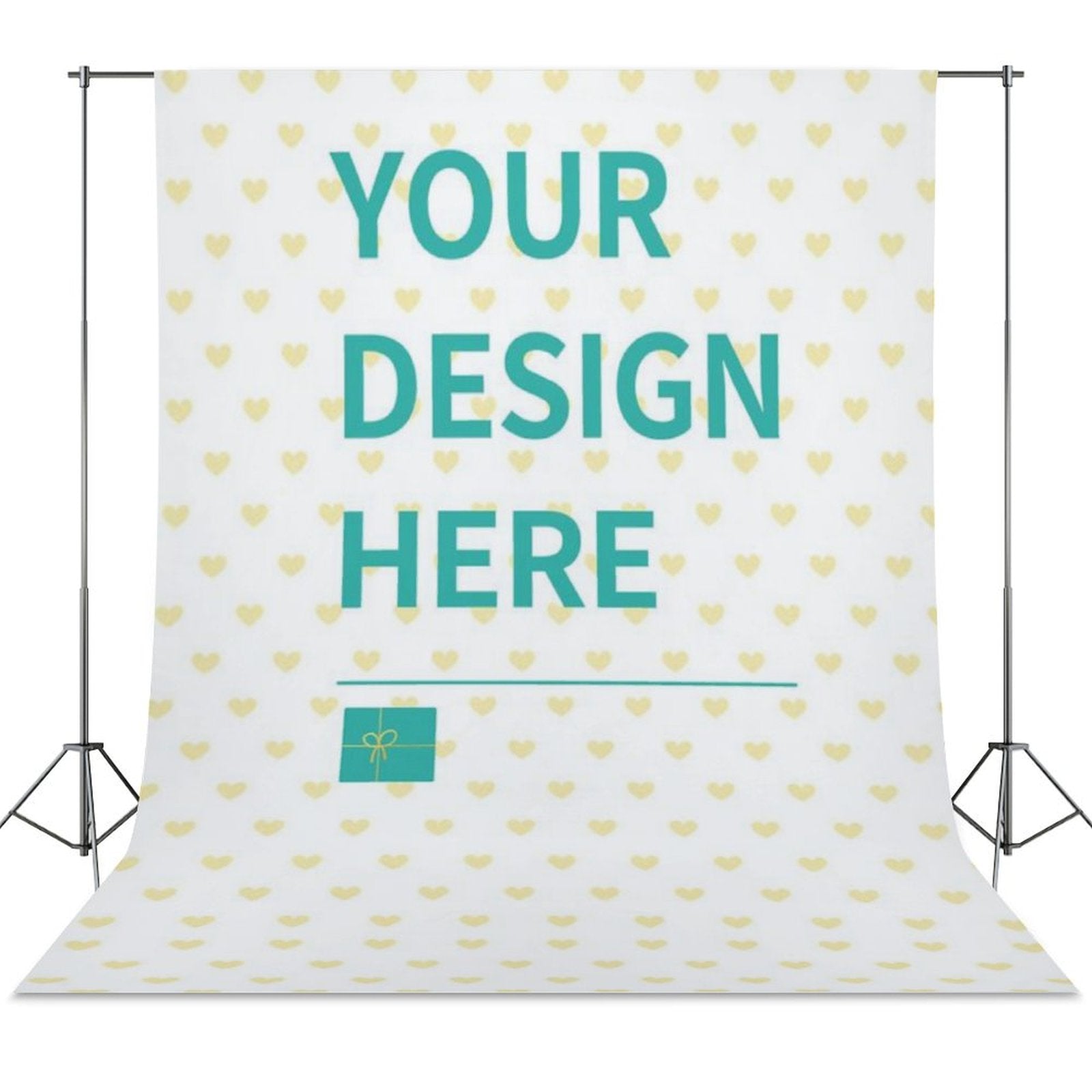 Custom Photography Cloth with 'YOUR DESIGN HERE' message, white background with yellow hearts, supported by a black tripod