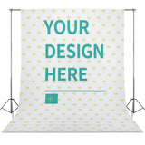 Custom Photography Cloth with 'YOUR DESIGN HERE' message, white background with yellow hearts, supported by a black tripod