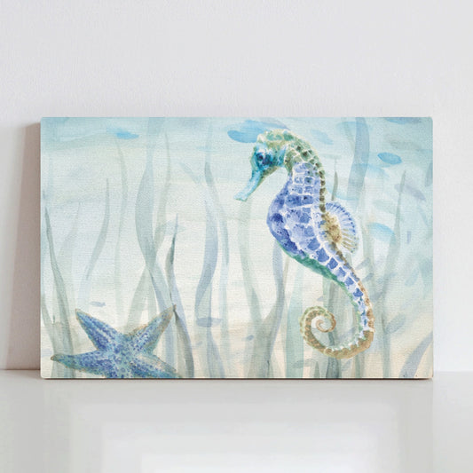 Undersea Friends Seahorse Starfish Canvas Print in blue and green watercolor, perfect for home decoration.