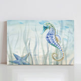 Undersea Friends Seahorse Starfish Canvas Print in blue and green watercolor, perfect for home decoration.