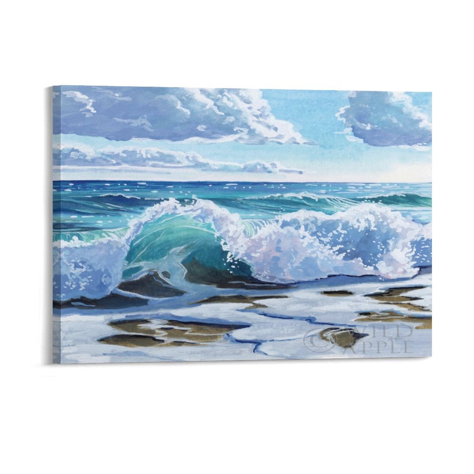 Canvas print: Ocean wave art, watercolor painting on canvas for coastal wall decor. Featuring Wild Apple signature.
