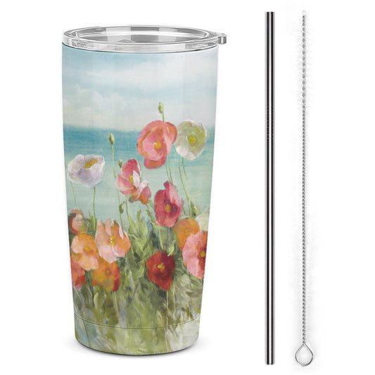 Stainless steel car cup coffee tumbler with floral design, metal straw, and cleaning brush. A perfect gift.
