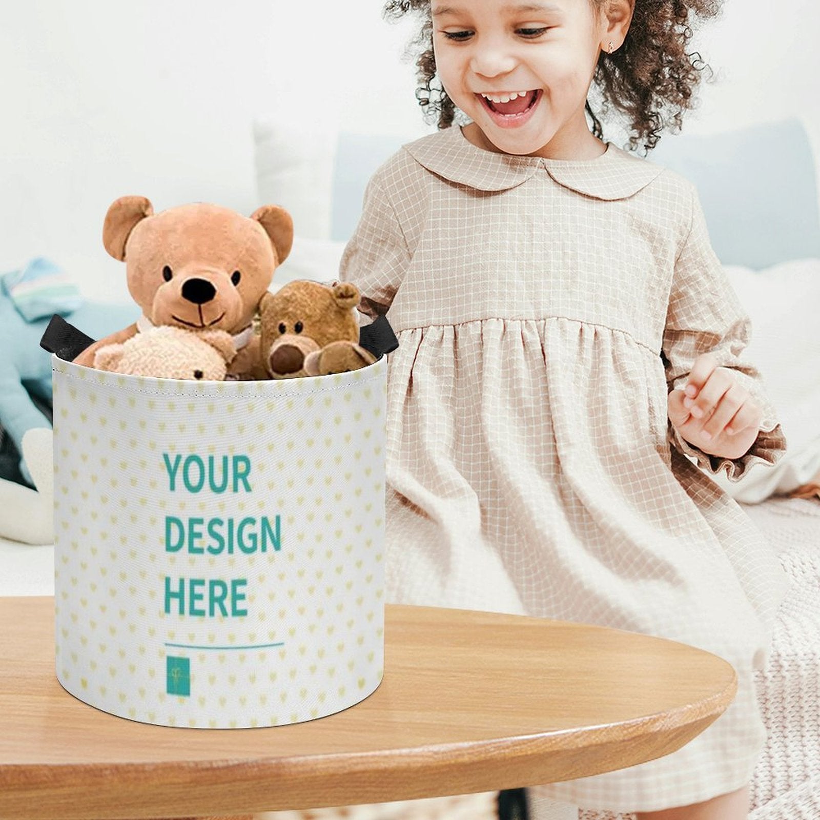 Personalized toy storage organizer for kids with customizable design and bears, perfect for tidy spaces.
