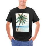 Men's black crew neck graphic t-shirt with palm tree art print, comfortable cotton fabric for casual wear