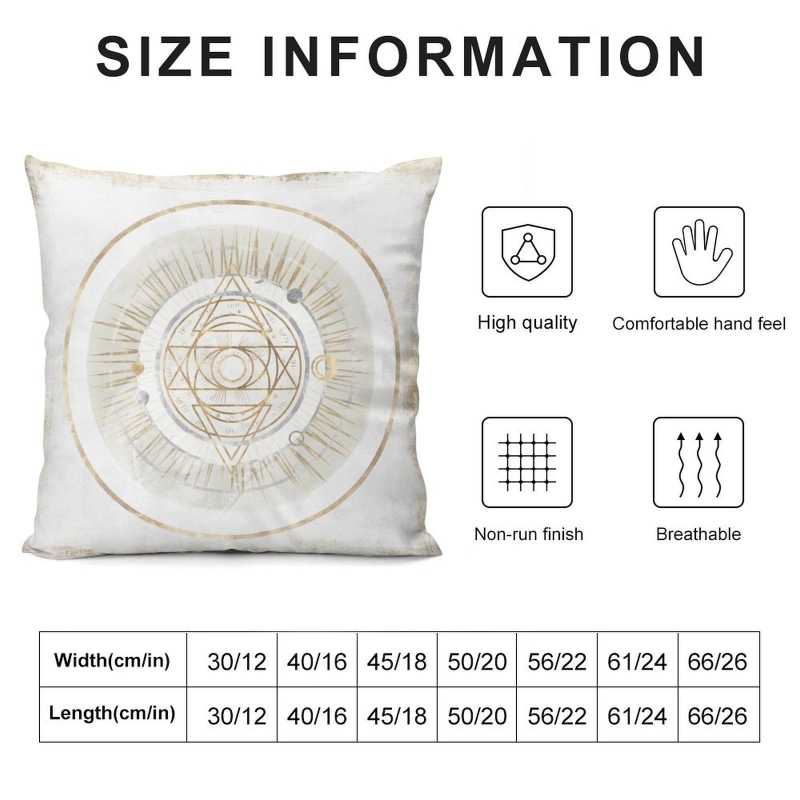 White plush pillow cover with golden geometric design, size information, high quality material, and breathable