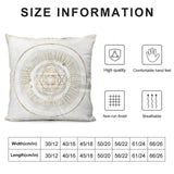 White plush pillow cover with golden geometric design, size information, high quality material, and breathable