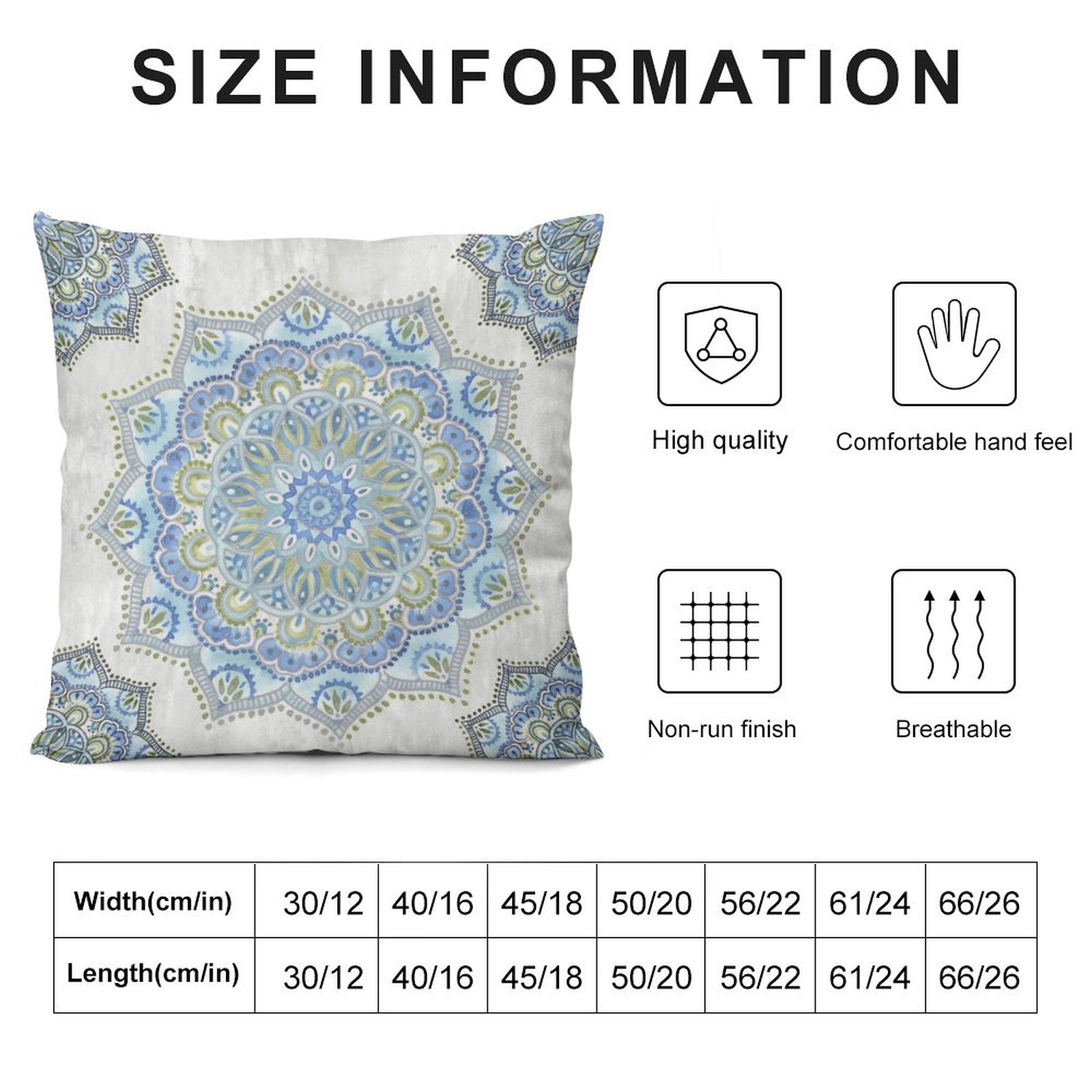 Soft plush pillow cover with blue and green mandala design, size options. Features high quality and comfortable feel.