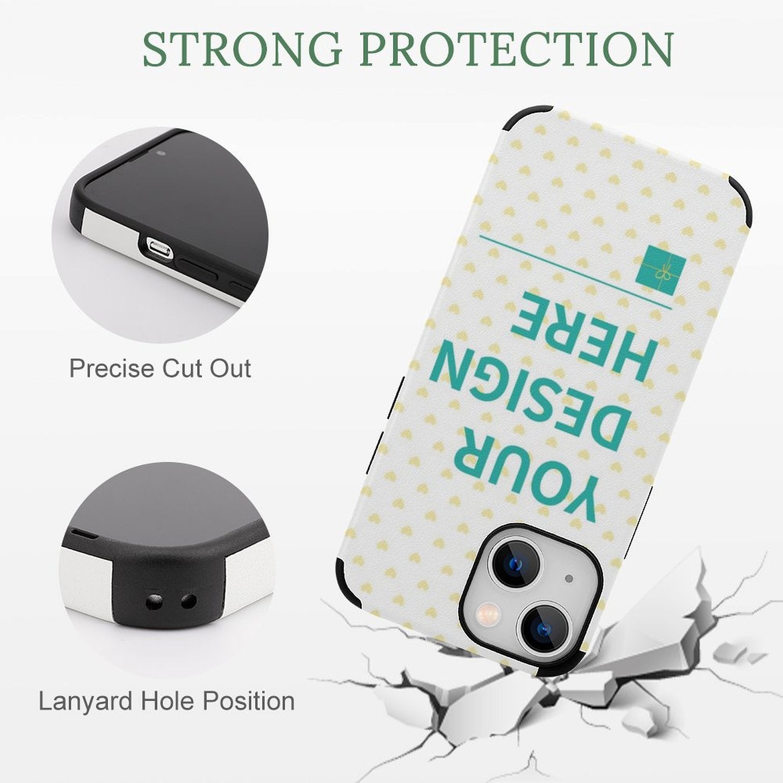 Personalized iPhone 13 case, white heart pattern, "YOUR DESIGN HERE", featuring fiber leather protection.