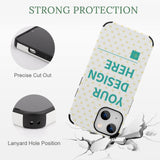 Personalized iPhone 13 case, white heart pattern, "YOUR DESIGN HERE", featuring fiber leather protection.