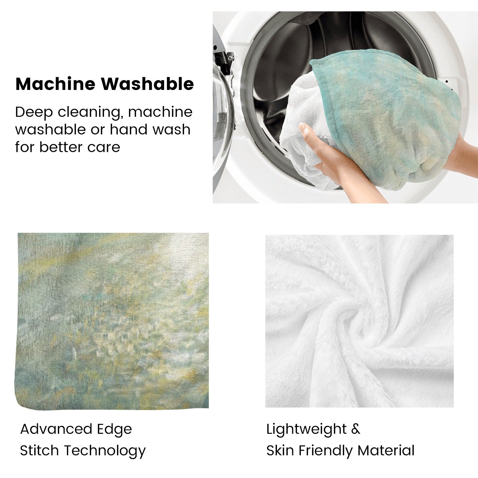 Beach sunrise flannel blanket in washing machine, highlighting machine washable and skin-friendly material
