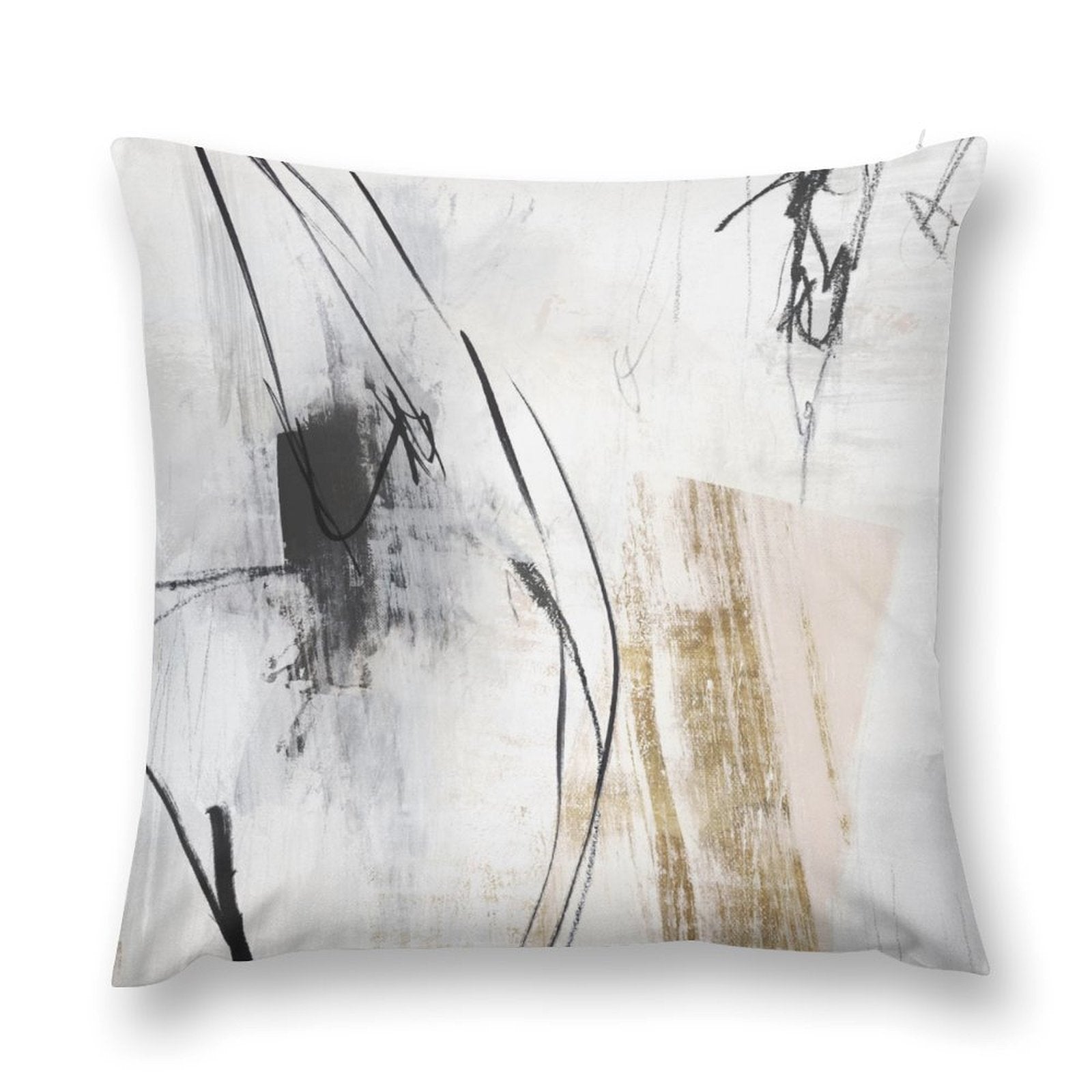 Abstract art plush pillow cover in black, white, and gold, perfect for sofa and living room decor.