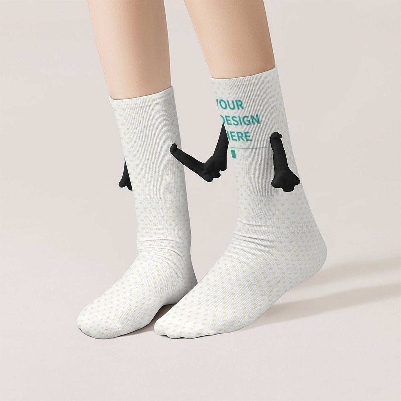Custom holding hands socks. White socks with 'YOUR DESIGN HERE' text, magnetic design for couples gift.