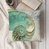 Turquoise seashell plush pillow cover with "Coquillage" script, a decorative item for home decor
