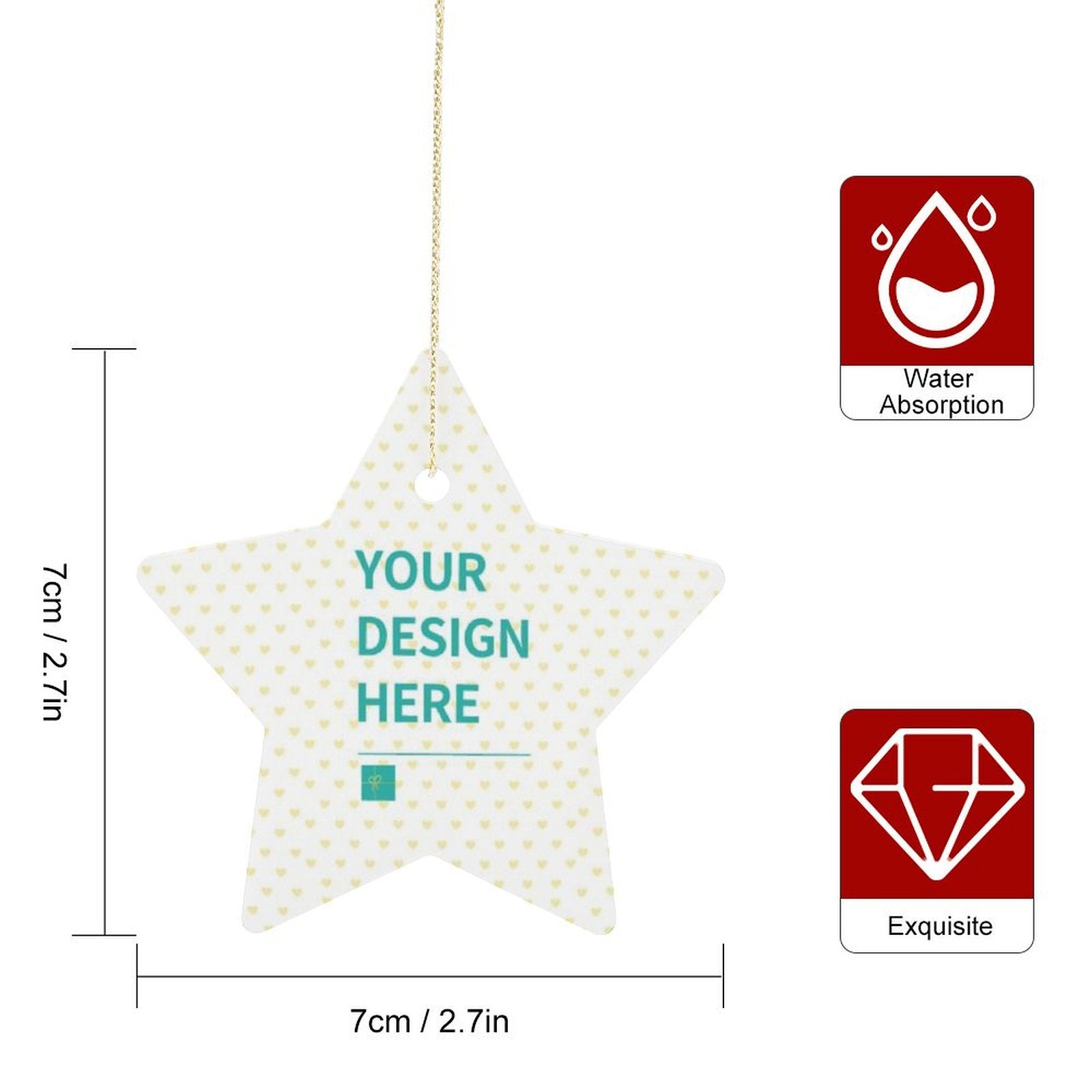Customizable ceramic Christmas star ornament with design area, perfect for Christmas decorations and gifts.