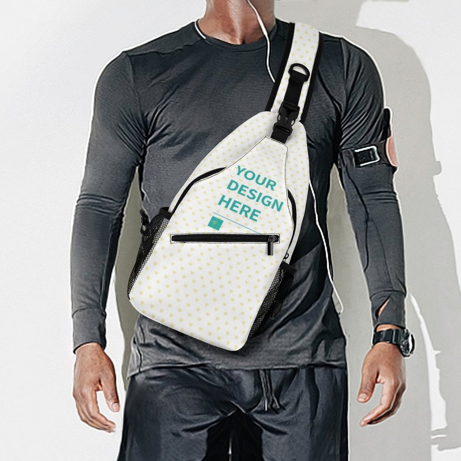 Custom white sling bag with yellow heart pattern for men or women, personalized design, twill fabric