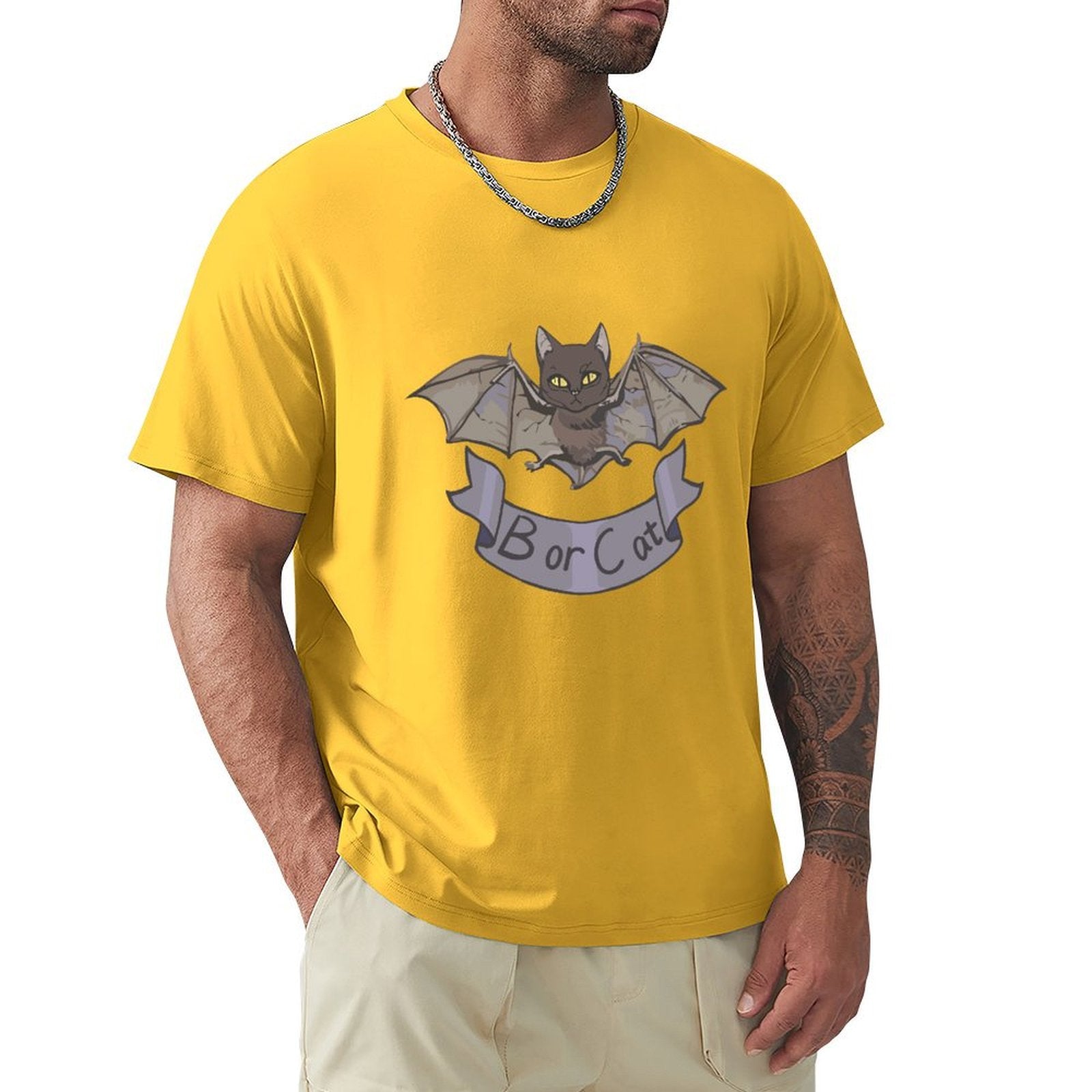 MyArtsyGift Men's yellow crew neck t-shirt with 'Bor or Cat' design, classic cotton tee